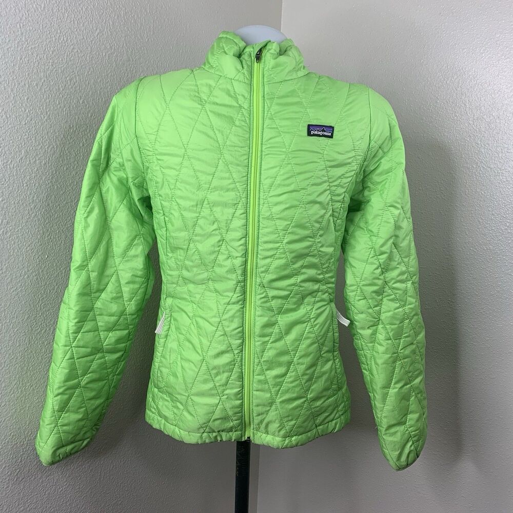 Patagonia Girls Nano Puff Jacket PrimaLoft Neon Green Sz XL 14-16 Full Zip *flaw